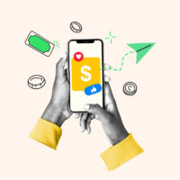 Smartphone surrounded by money icons representing earning money from your phone