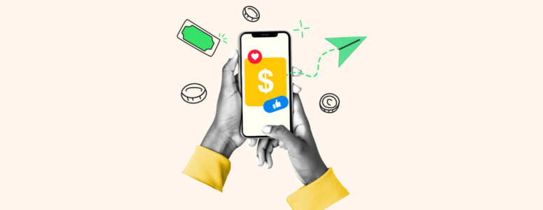 Smartphone surrounded by money icons representing earning money from your phone