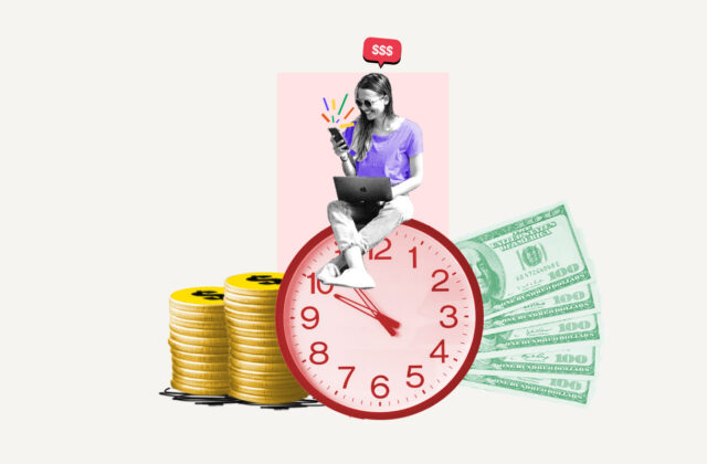 Side hustler sitting on top of a clock surrounded by money earned in just 1 hour