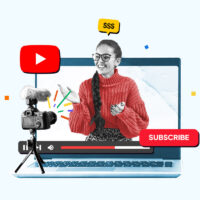 Youtuber on a laptop screen earning money while filming for a monetized YouTube channel