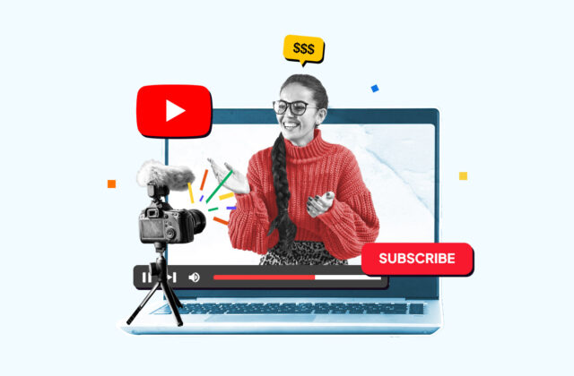 Youtuber on a laptop screen earning money while filming for a monetized YouTube channel