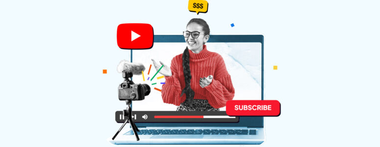 Youtuber on a laptop screen earning money while filming for a monetized YouTube channel