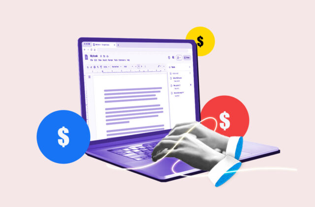 Laptop with an open document surrounded by dollar signs representing making money through writing