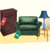 Antique furniture with price tags waiting to be sold as part of a side hustle