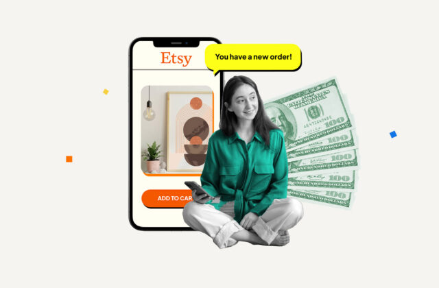 Etsy selling sitting in front of a background showing a listing for a printable and a stack of cash.