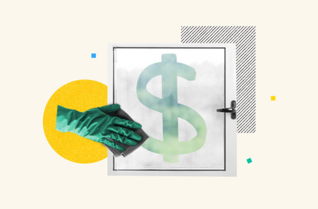 Cleaner washing a door with a dollar sign on it, representing cleaning business earnings