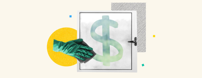 Cleaner washing a door with a dollar sign on it, representing cleaning business earnings