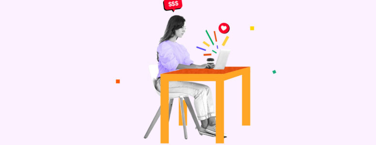 Woman sitting at her desk on her laptop starting a freelance side hustle.