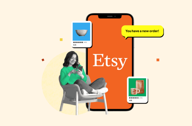 Woman sitting on a chair next to a phone showing the Etsy app, surrounded by various listings