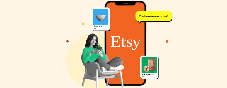 Woman sitting on a chair next to a phone showing the Etsy app, surrounded by various listings