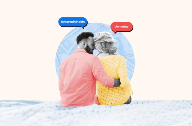 Couple sitting on a bed and talking about debt together