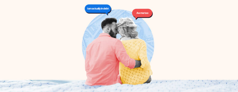 Couple sitting on a bed and talking about debt together