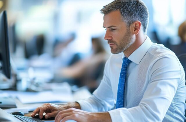 A frustrated hybrid worker sitting in a half-empty office.