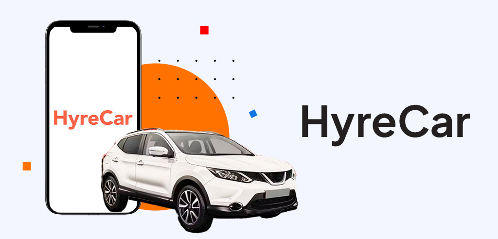 White car in front of a smartphone displaying the HyreCar logo