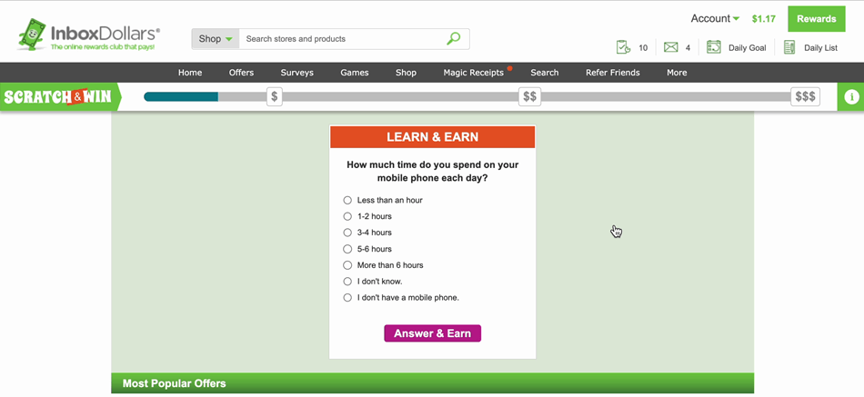Screenshot of the InboxDollars Learn & Earn page.