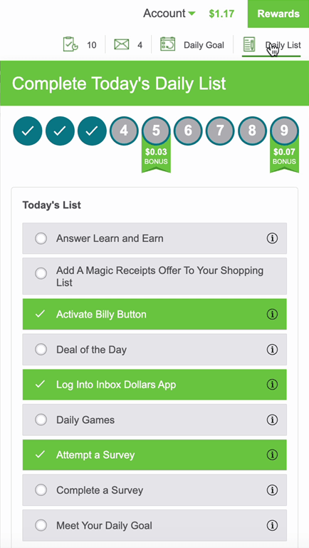 Screenshot of the InboxDollars Daily List.