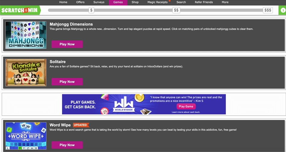 Screenshot of InboxDollars' games