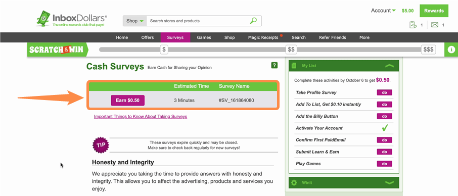 Screenshot of an InboxDollars survey for cash.