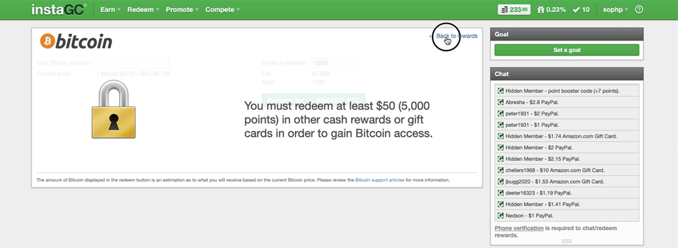 Screen indicating the Bitcoin redemption option is unavailable on InstaGC.