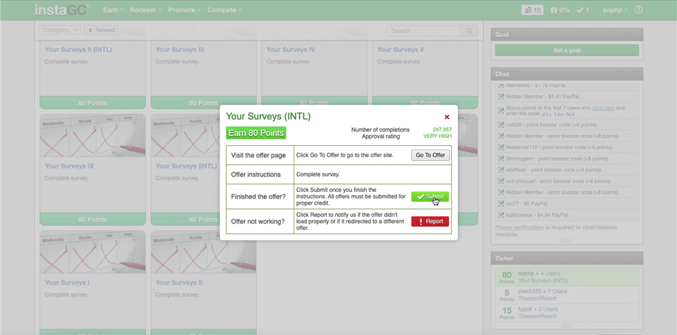 InstaGC’s button for completing offers and surveys.