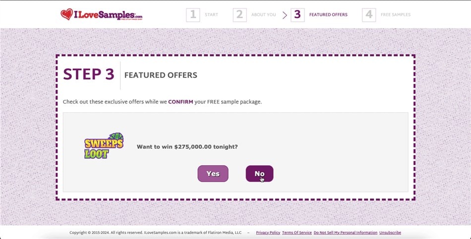 Following the steps to complete the I Love Samples offer on InstaGC.