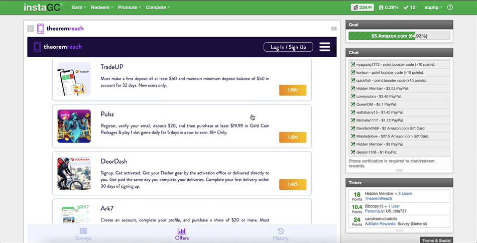 InstaGC’s TheoremReach offers, available under the surveys tab.