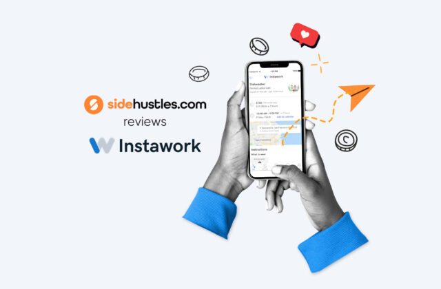 Two hands holding a smartphone displaying a listed job in the Instawork app