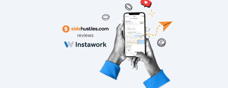 Two hands holding a smartphone displaying a listed job in the Instawork app