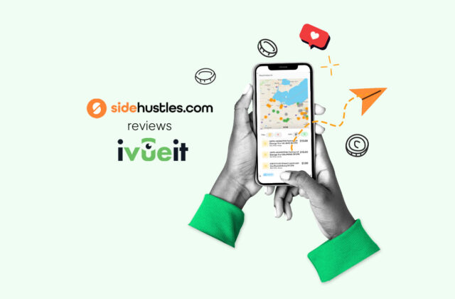 Hands of an iVueit gig worker holding a smartphone displaying the interface of the iVueit app