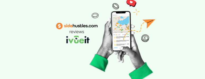 Hands of an iVueit gig worker holding a smartphone displaying the interface of the iVueit app