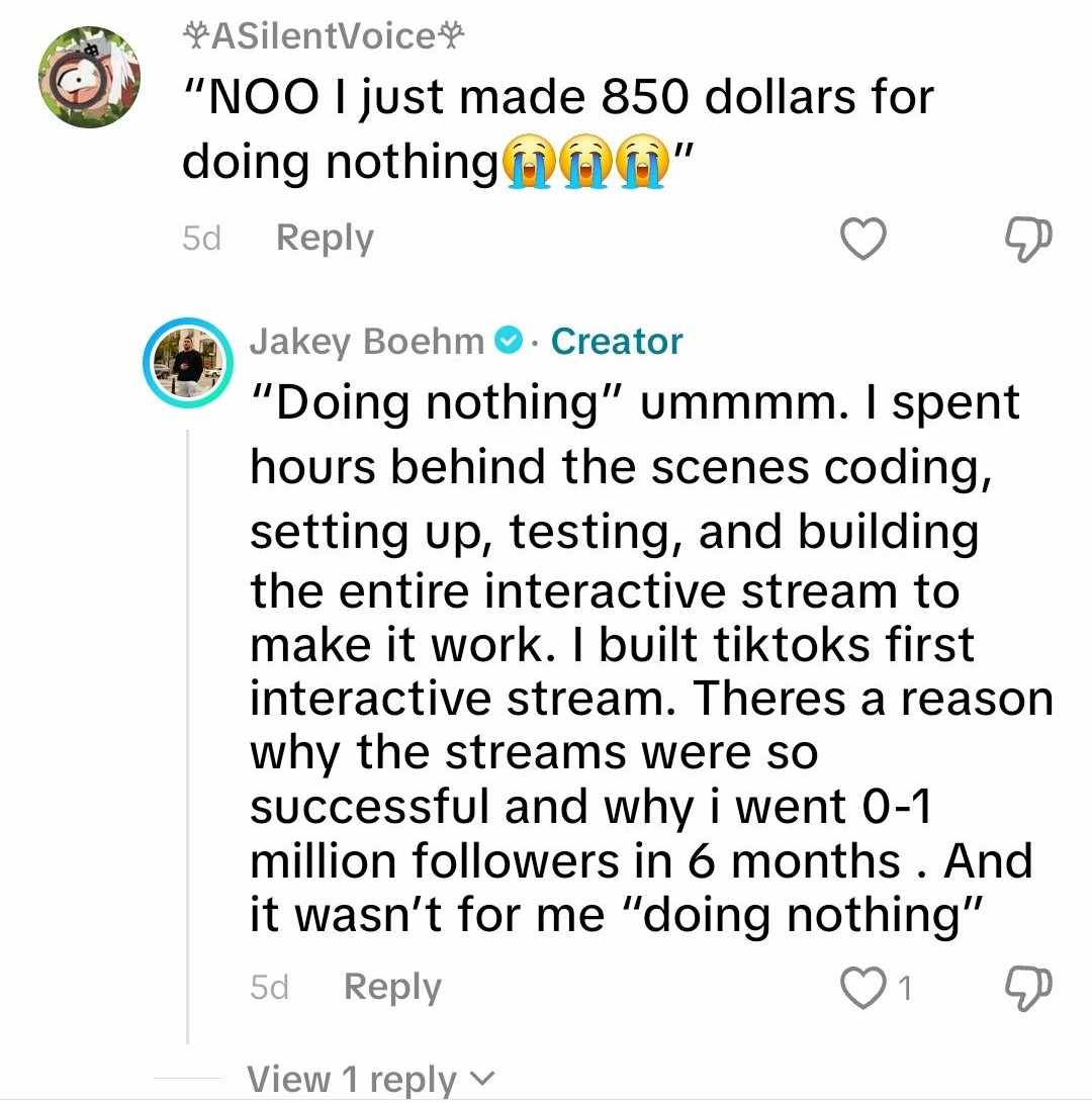 Screenshot of messages exchanged between TikToker and another user under one of his videos.