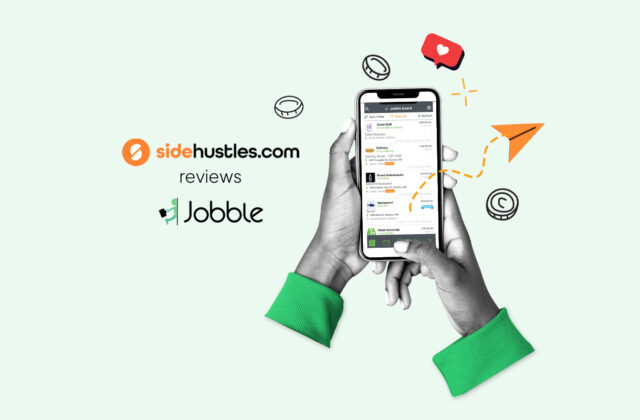 Two hands holding a smartphone displaying available jobs in the Jobble app