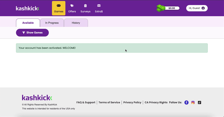 KashKick’s dashboard after account activation.