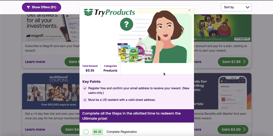 Signing up for a KashKick offer to get rewarded for trying free products.