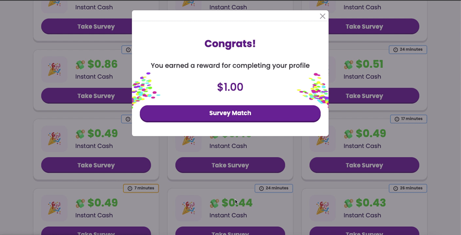 Receiving a $1 signup bonus on KashKick for completing our profile. 