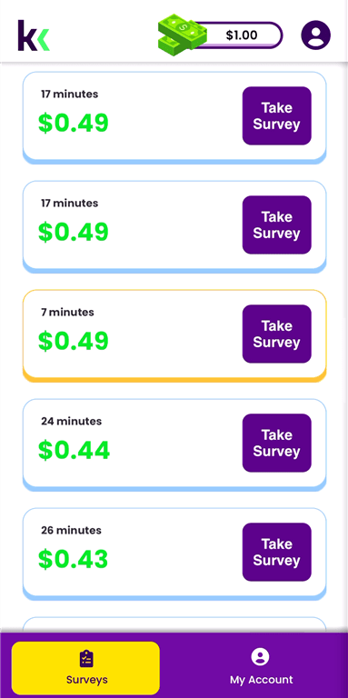 The KashKick surveys tab.