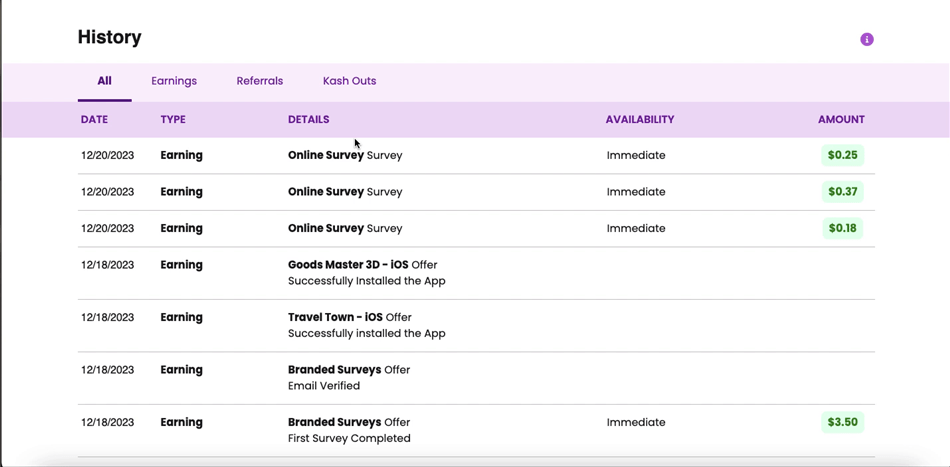 Screenshot of the KashKick account history interface.