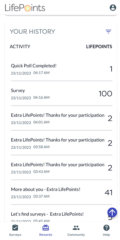 Viewing the LifePoints account history with your points and earnings displayed.