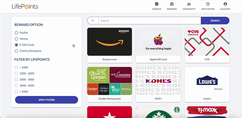 LifePoints’ gift card redemption options.