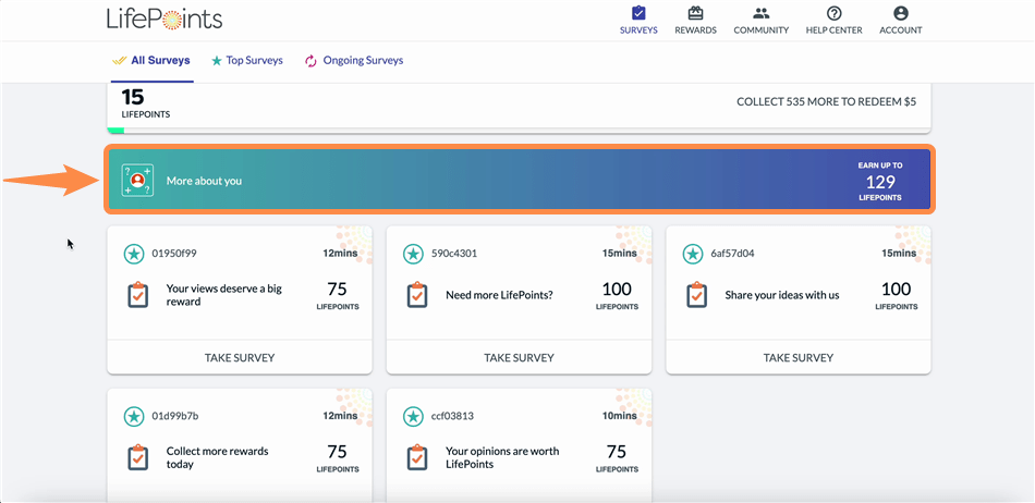Viewing the LifePoints dashboard with various surveys available.