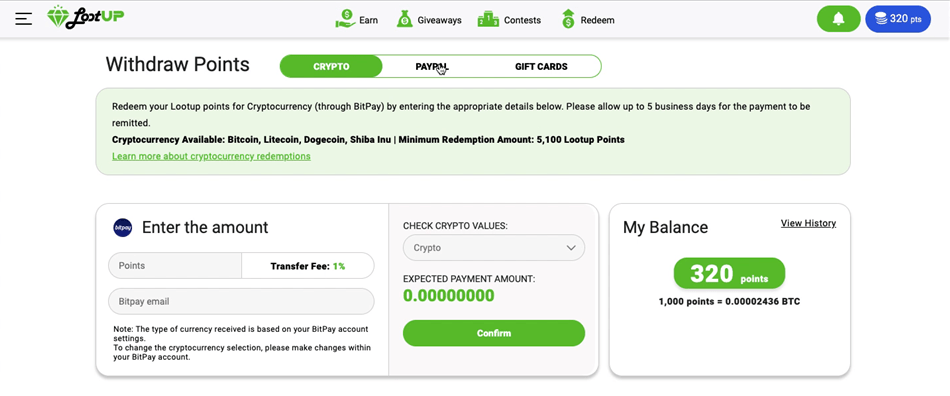 The page for redeeming crypto on Lootup.