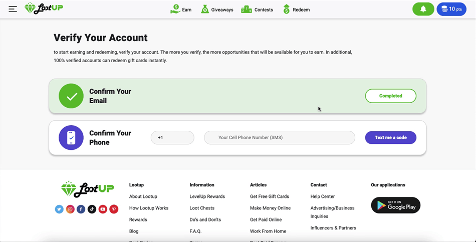 Phone and email verification options on Lootup.