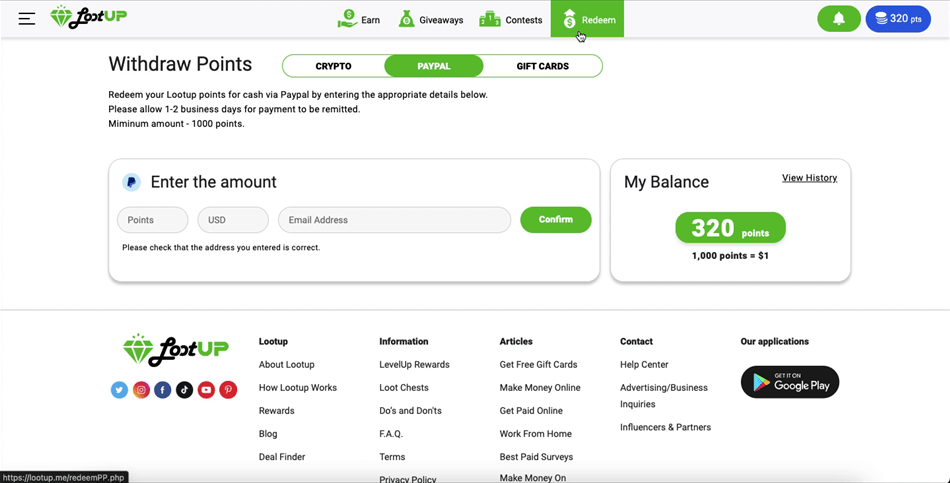 Lootup’s page for PayPal rewards redemption.