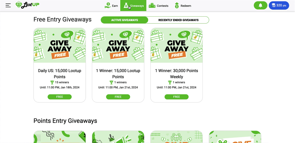 Entering a points giveaway on Lootup.
