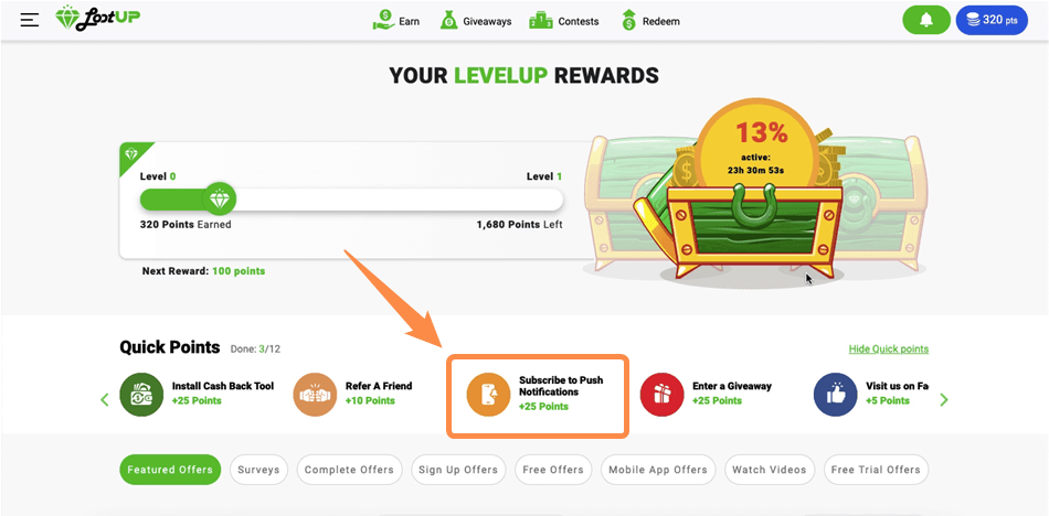 Opportunities to earn by subscribing to push notifications on Lootup.