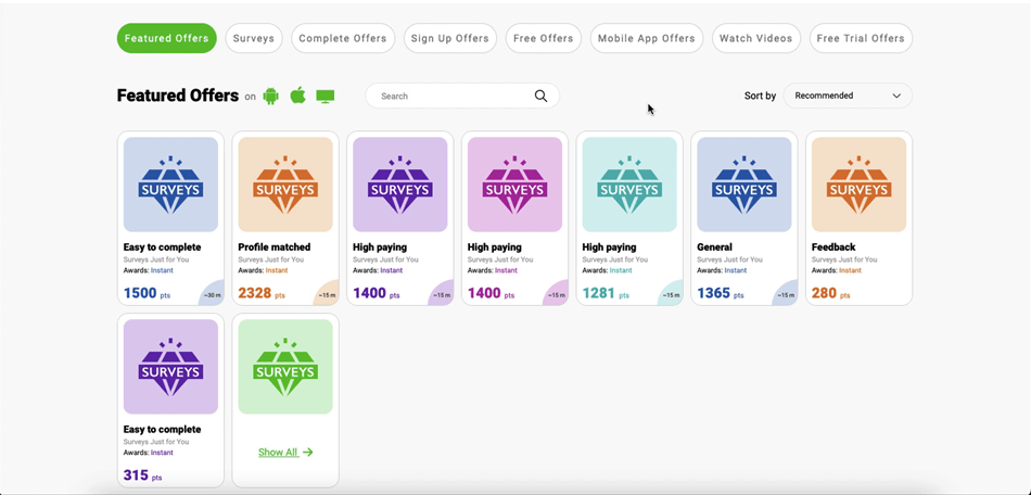 Viewing a selection of surveys available on Lootup.