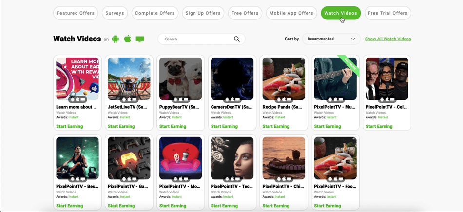A selection of videos you can get paid to watch on Lootup.
