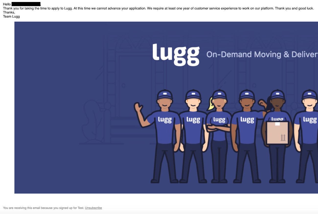 A screenshot of Lugg's rejection email.