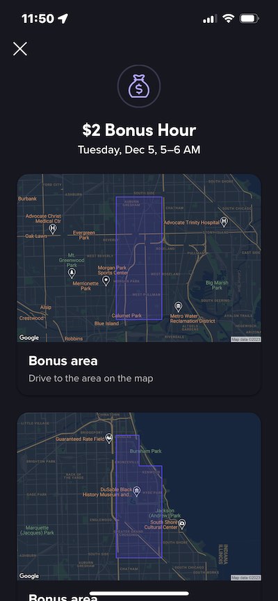 Several Lyft bonuses being displayed in its interface.