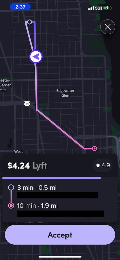 Screenshot of the “Accept ride” interface on Lyft.